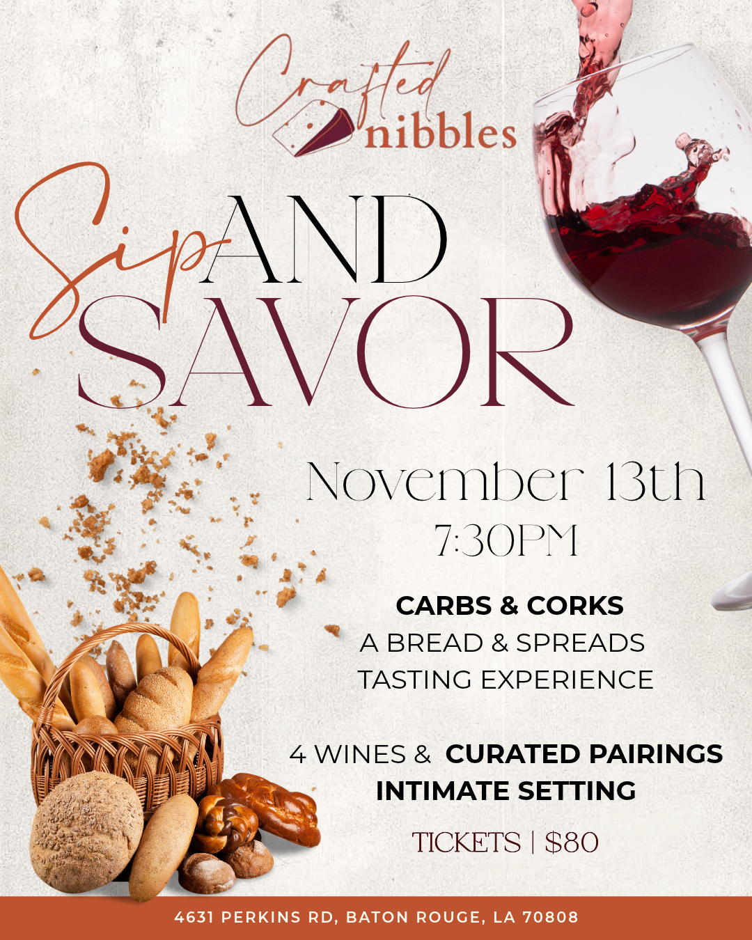 11/13 Sip & Savor: Crabs & Corks a Bread and Spreads Tasting Experience (7:30pm)