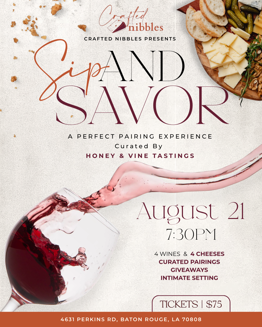 8/21 Sip & Savor: A Wine Tasting Experience (7:30pm-9:00pm)