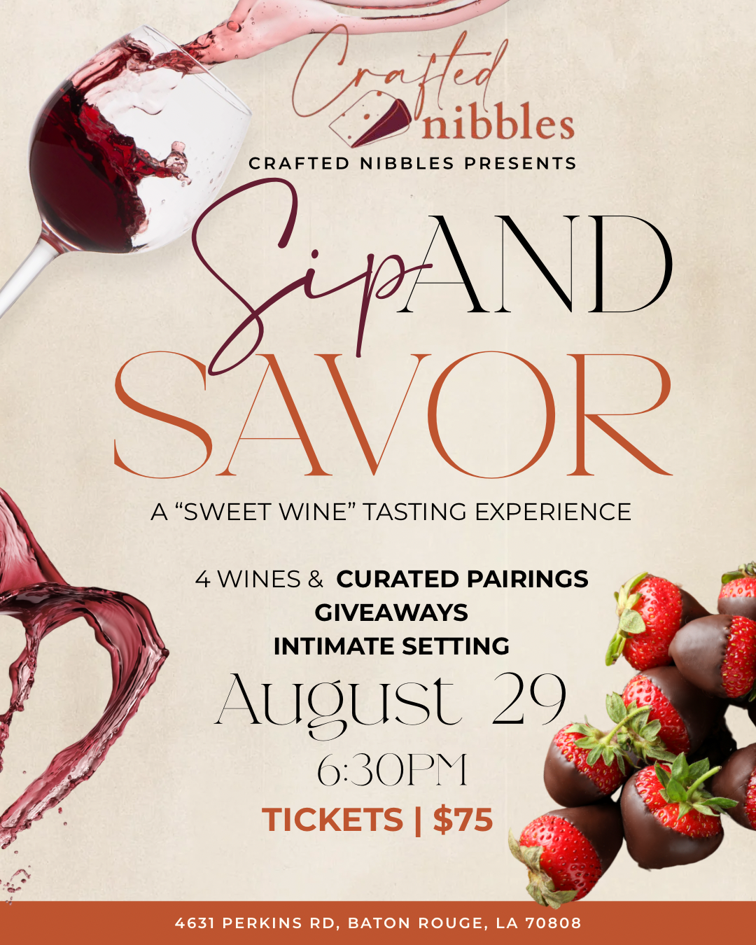 8/29 Sip & Savor: A Sweet Wine Tasting Experience (6:30pm-8:00pm)