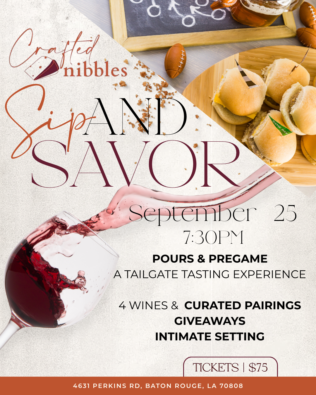 9/25 Sip & Savor: Pours & Pregame Tasting Experience (7:30pm)